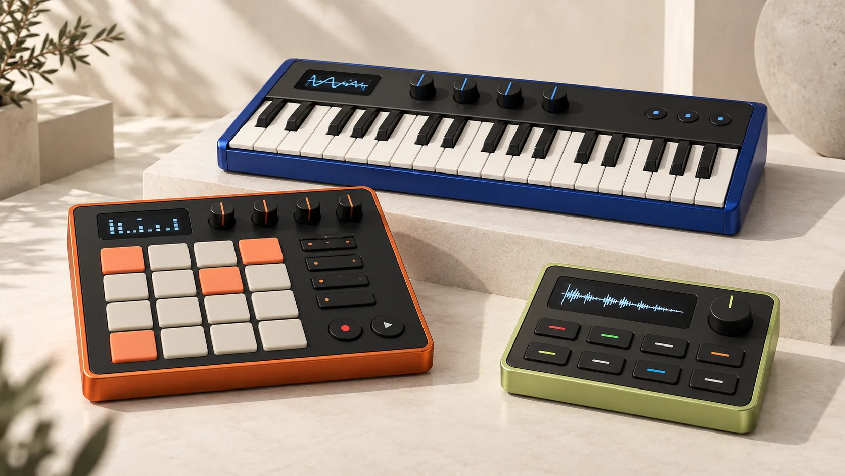 Orange rhythm machine, blue synthesizer and green sampler arranged together