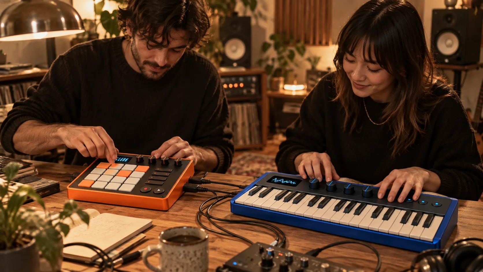 Two musicians making electronic music together