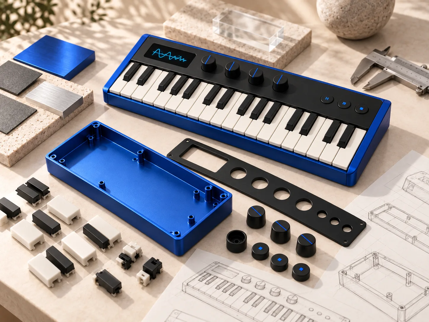 Blue synthesizer prototype elements and industrial design plans