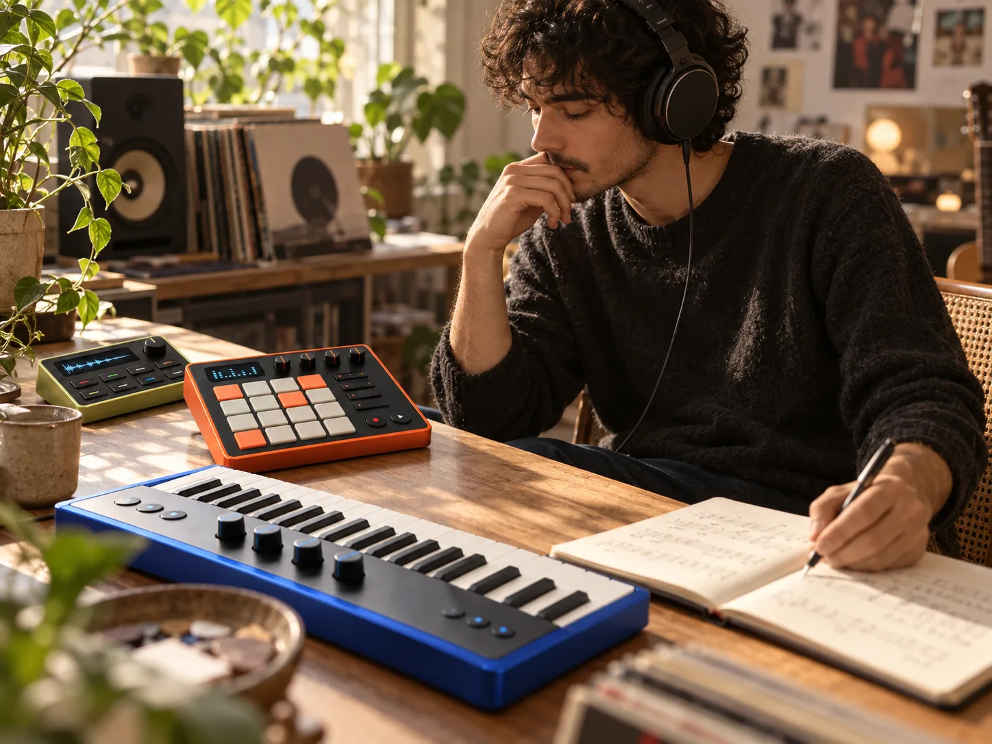 Musician exploring and listening to a new electronic composition