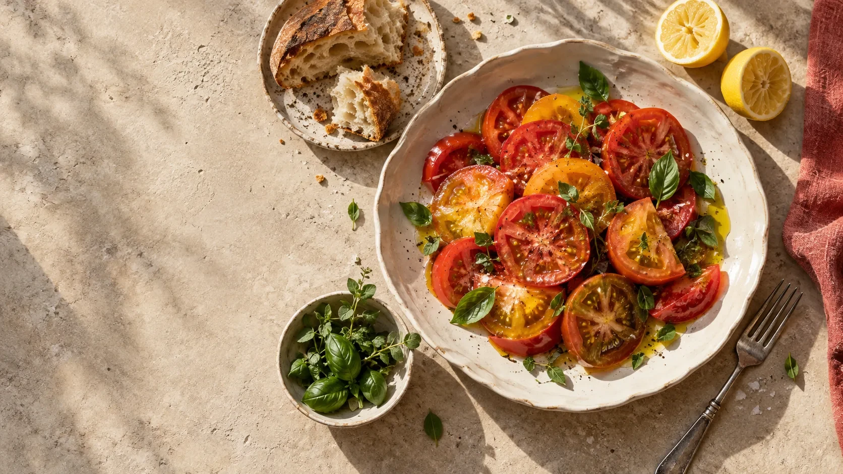 Shared lunch table with ripe tomatoes, torn bread, lemon and fresh herbs