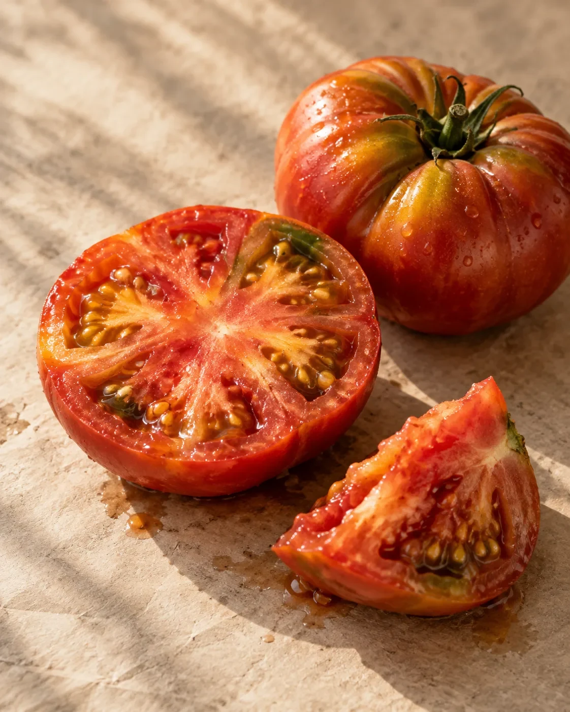 Close-up of three heirloom tomatoes showing juicy cut surfaces