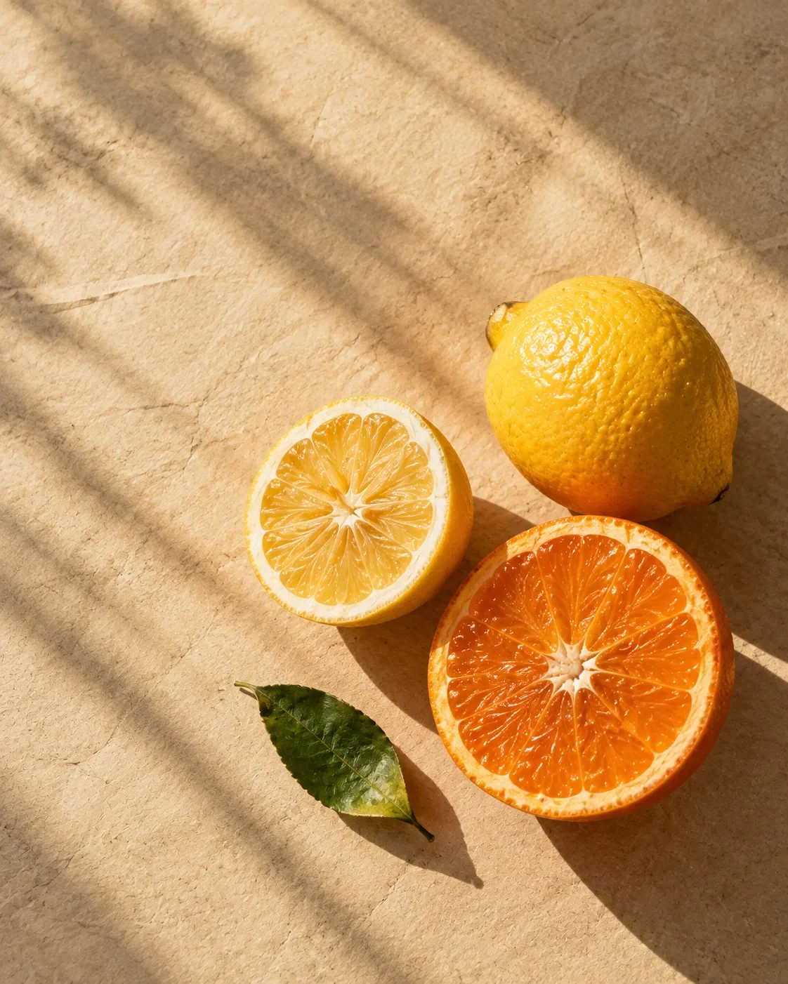 Overhead lemons and orange in graphic afternoon sunlight
