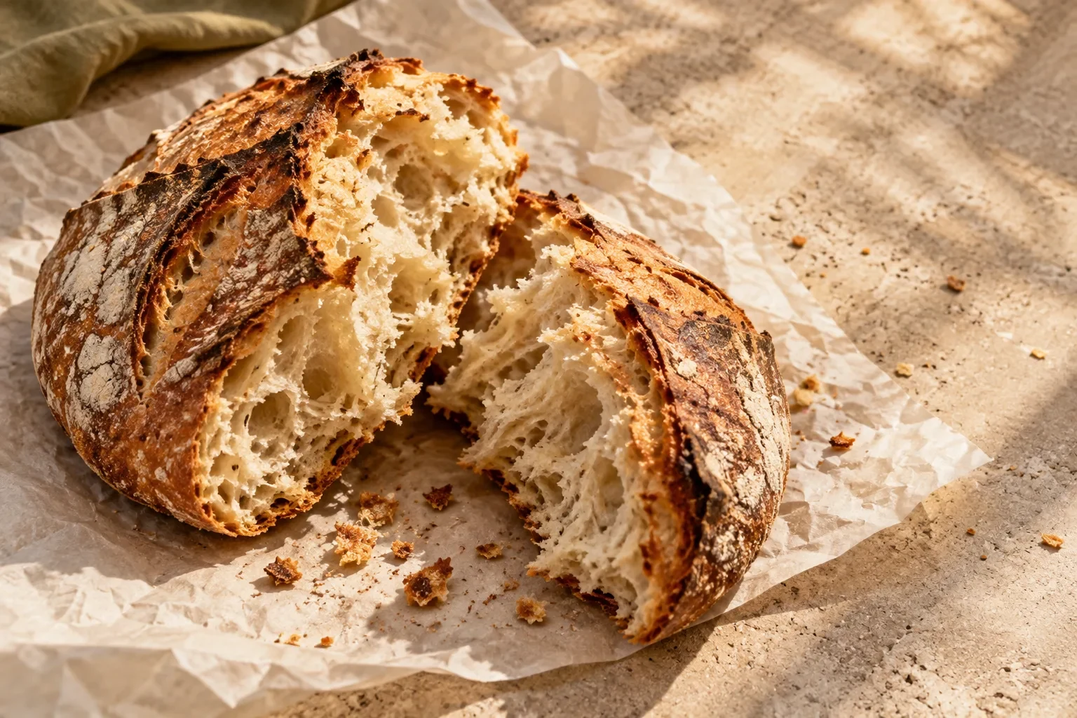 Broken handmade bread on warm paper