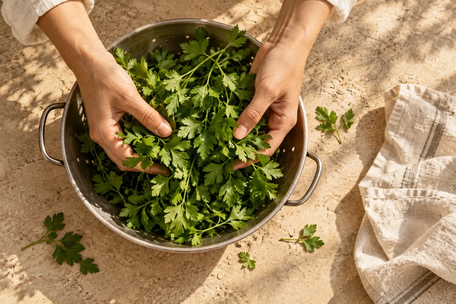 Hands gathering fresh parsley from a metal bowl