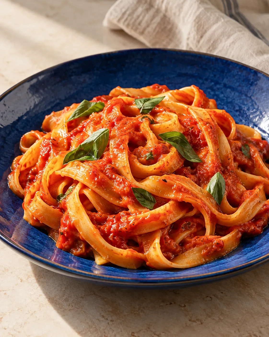 Roasted pepper and tomato ribbon pasta in a cobalt blue ceramic plate