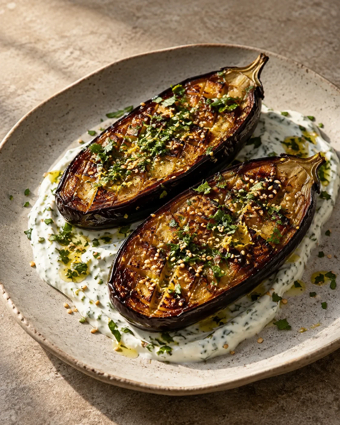 Crispy Aubergine & Herbed Yogurt, a finished MESA recipe