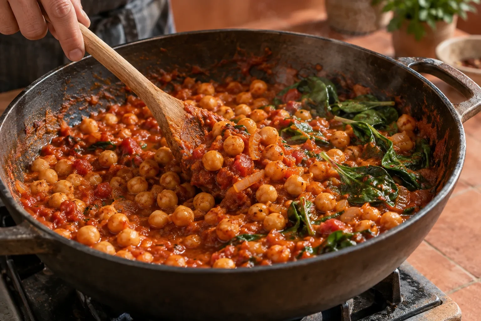 Preparation scene for Harissa Chickpea Skillet