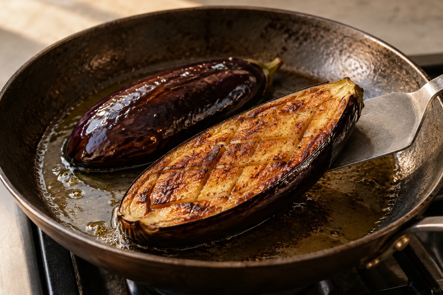 Preparation scene for Crispy Aubergine & Herbed Yogurt
