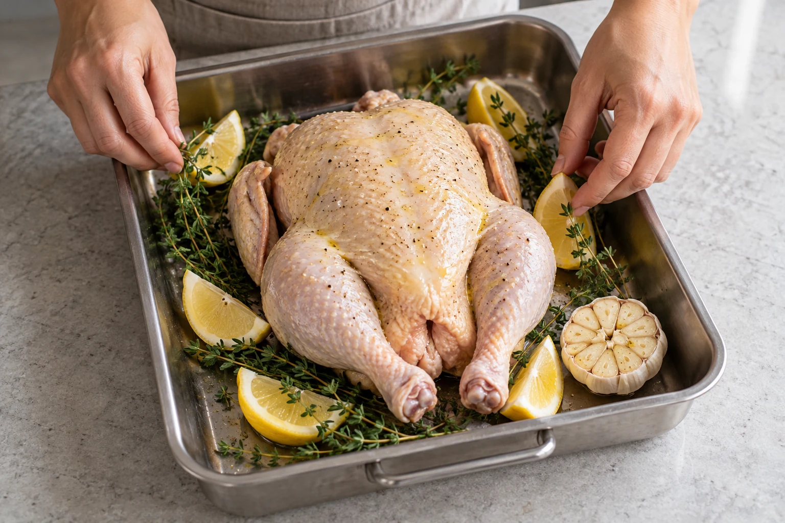 Preparation scene for Golden Roast Chicken & Lemon