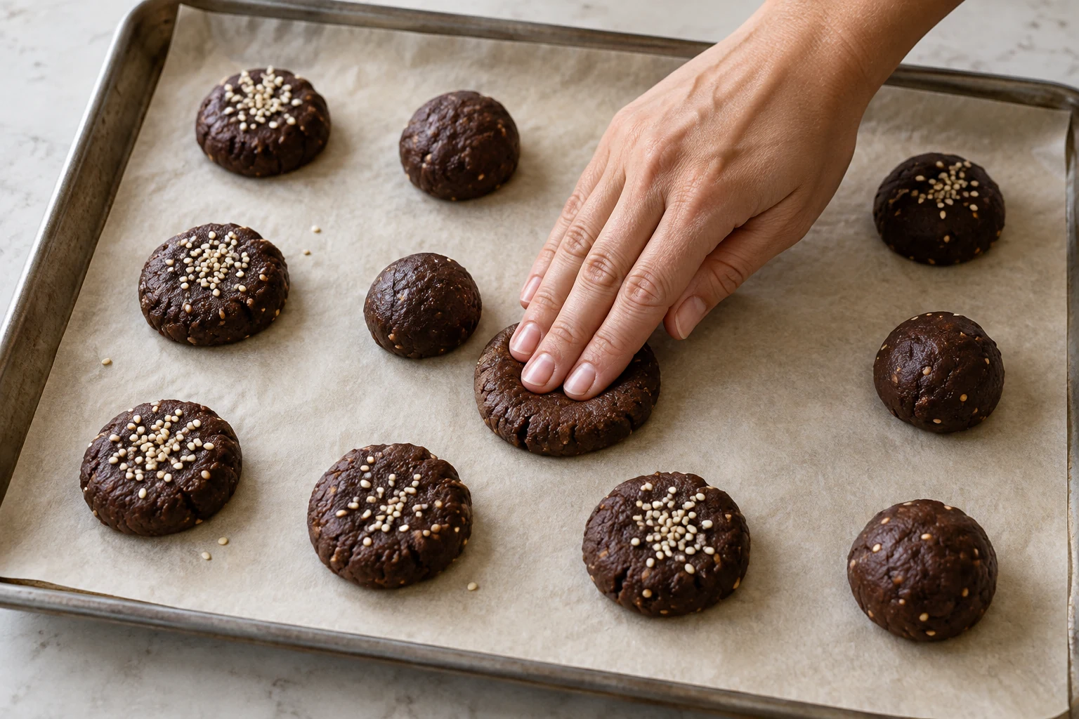 Preparation scene for Dark Chocolate Tahini Cookies