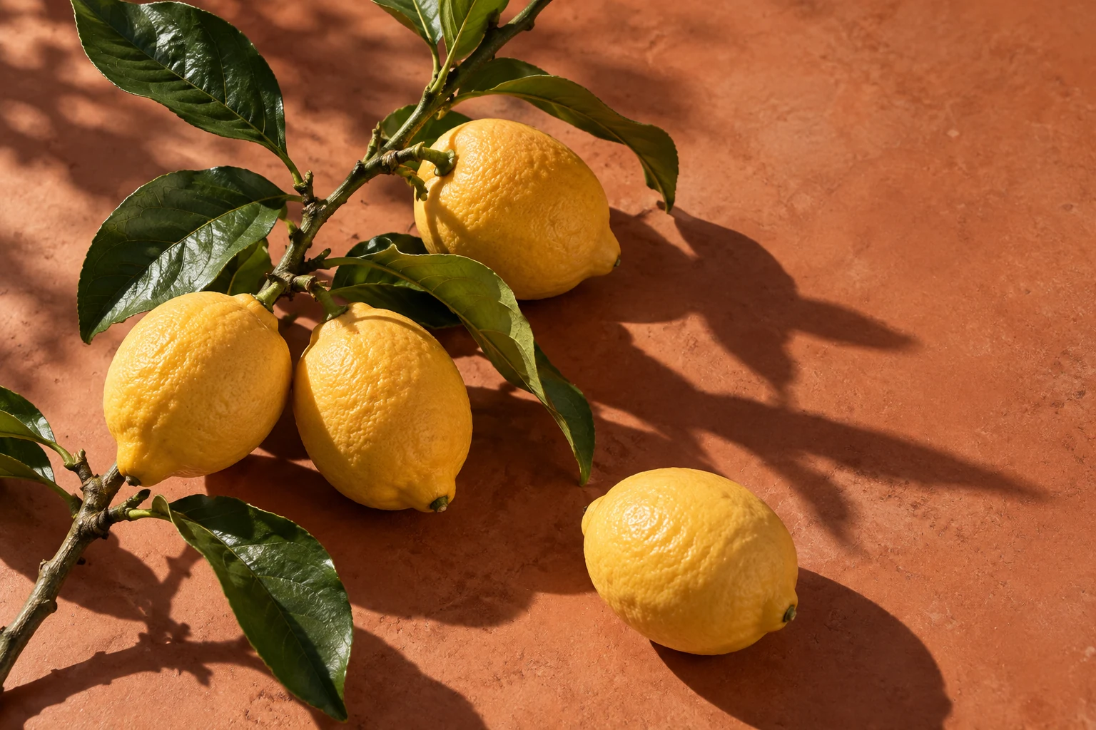 Botanical lemon branch on terracotta in afternoon light