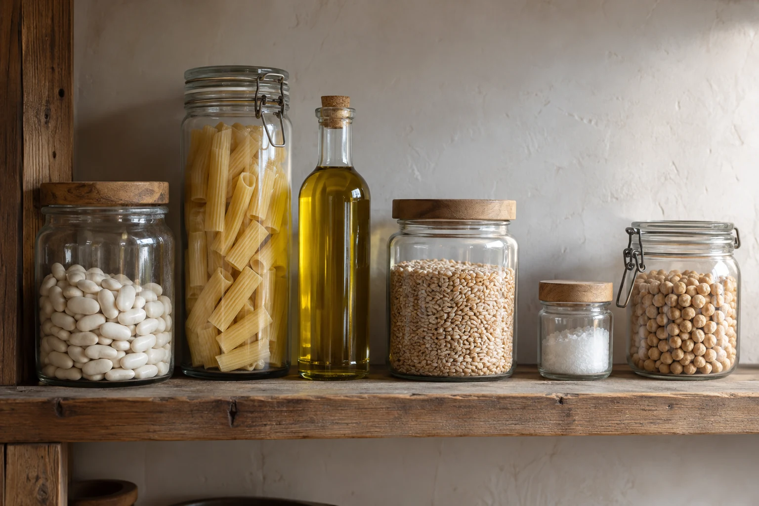 Unlabelled pantry jars with beans, grains, pasta and olive oil