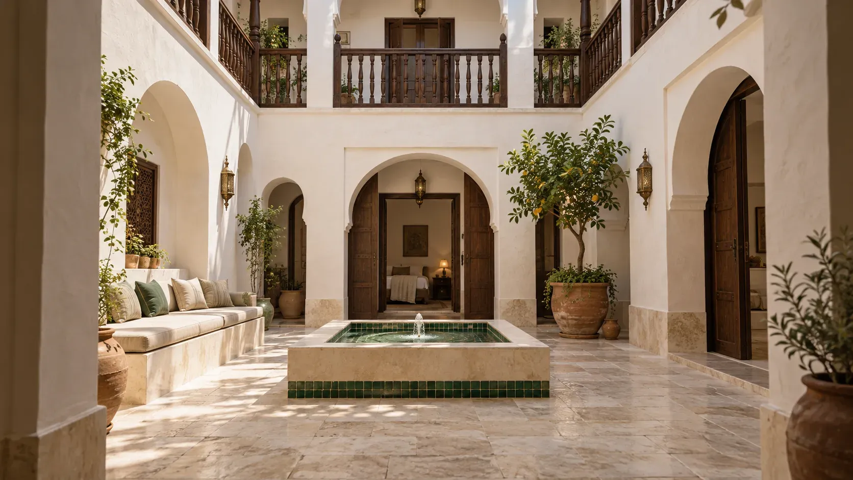 The open courtyard, green-tiled fountain and timber gallery
