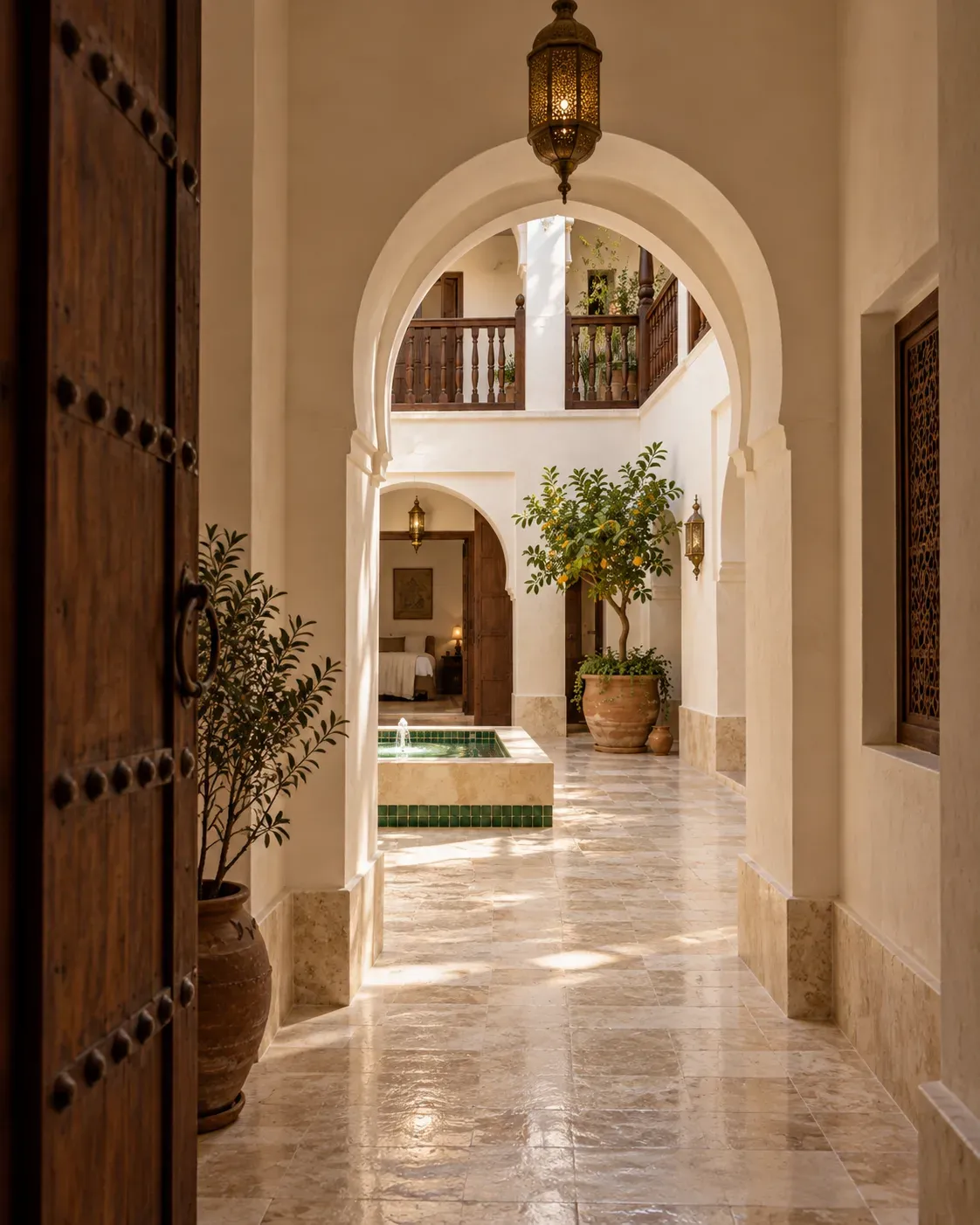 An arched entrance passage opening into the courtyard