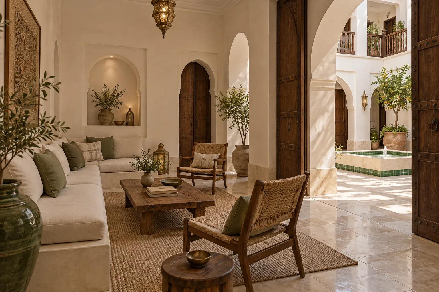 Linen seating and timber chairs in the shared lounge