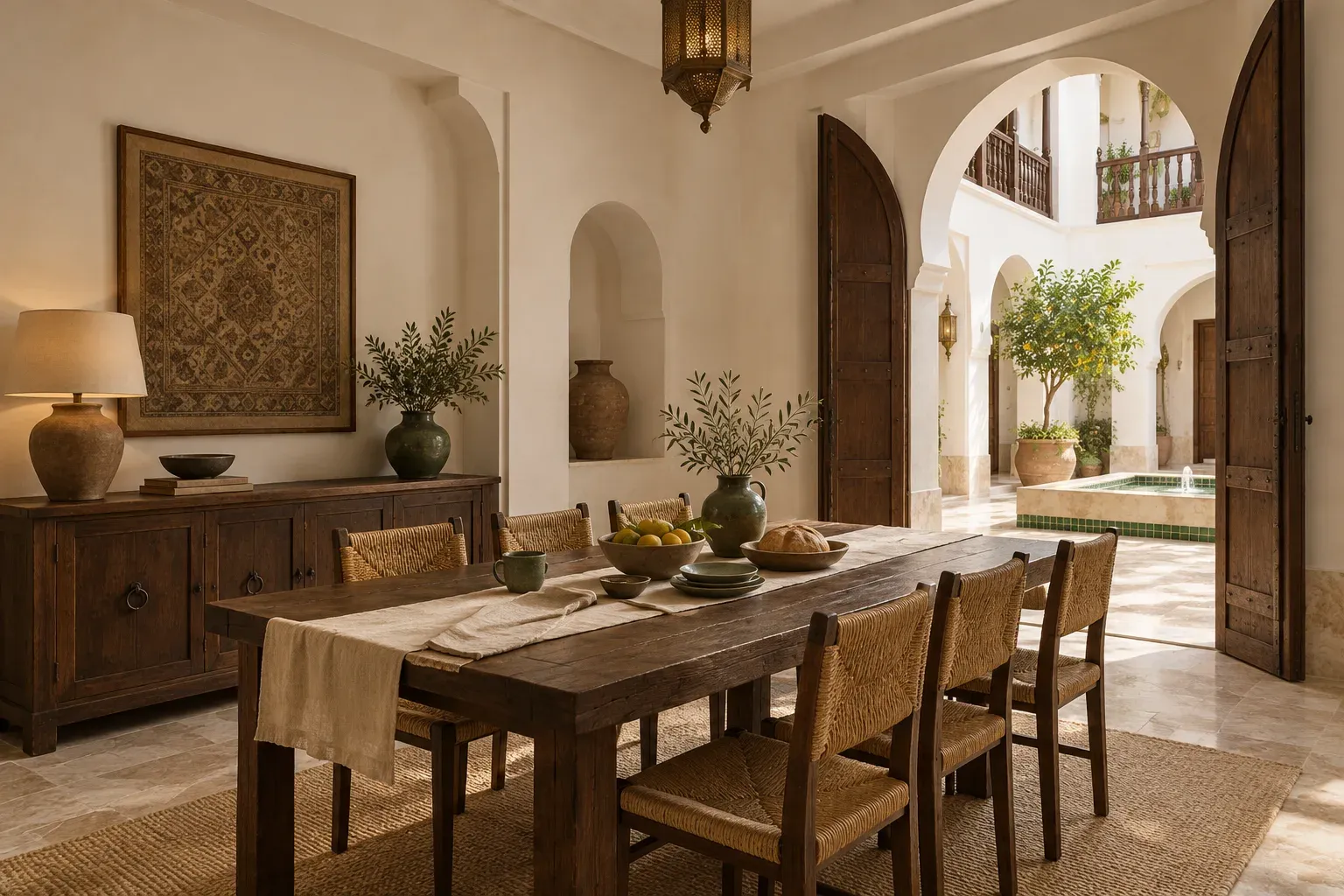 A timber breakfast table beside the courtyard