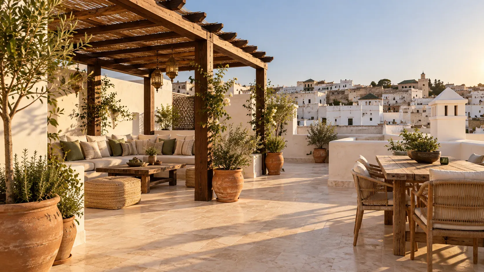 The communal rooftop with pergola and afternoon light