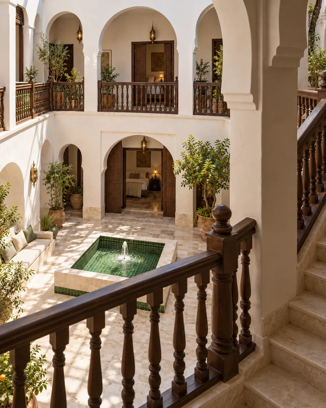 Timber gallery and staircase overlooking the courtyard