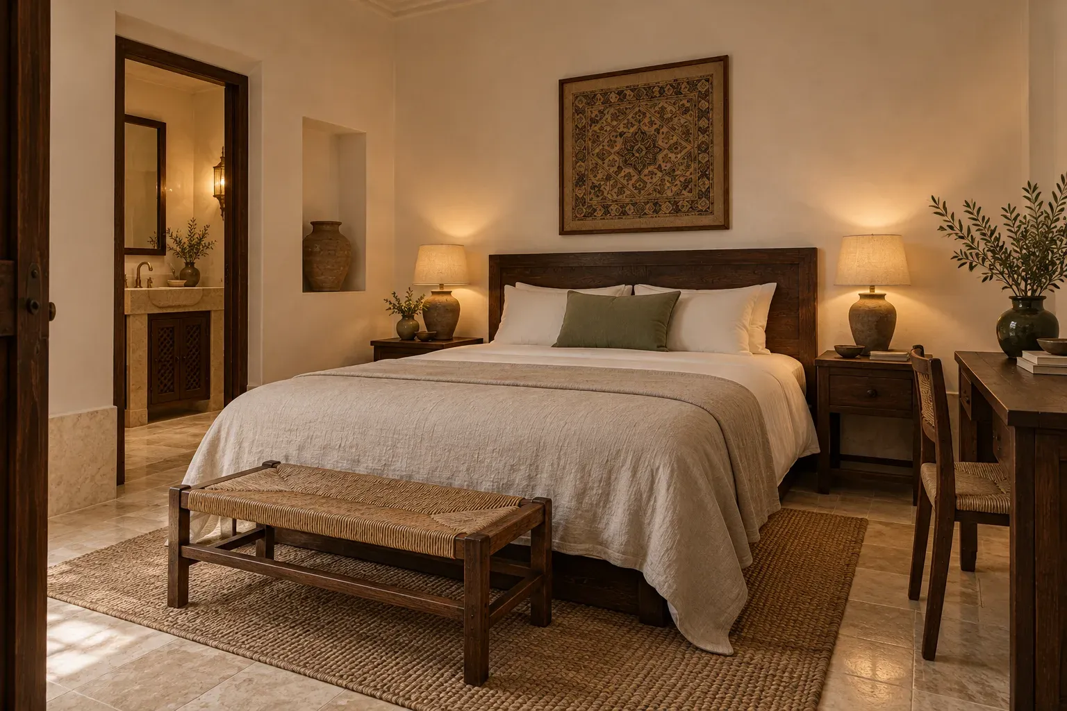 Queen bed and timber furniture in Courtyard Room