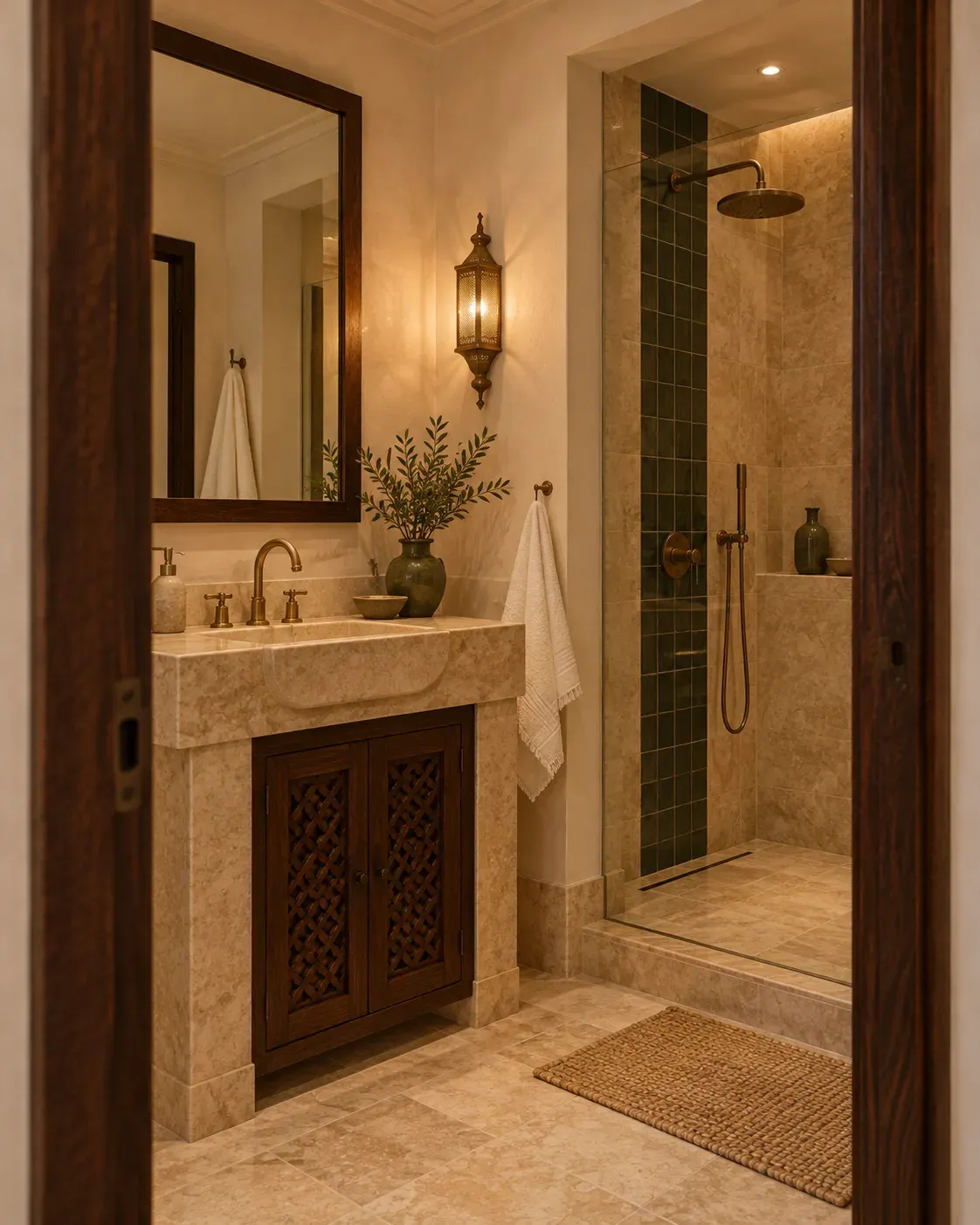 Courtyard Room private shower and stone basin