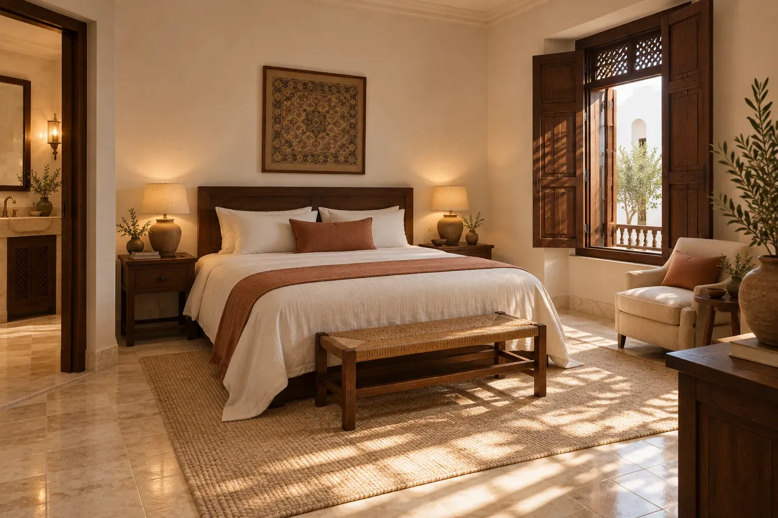 King bed and morning light in Light Room