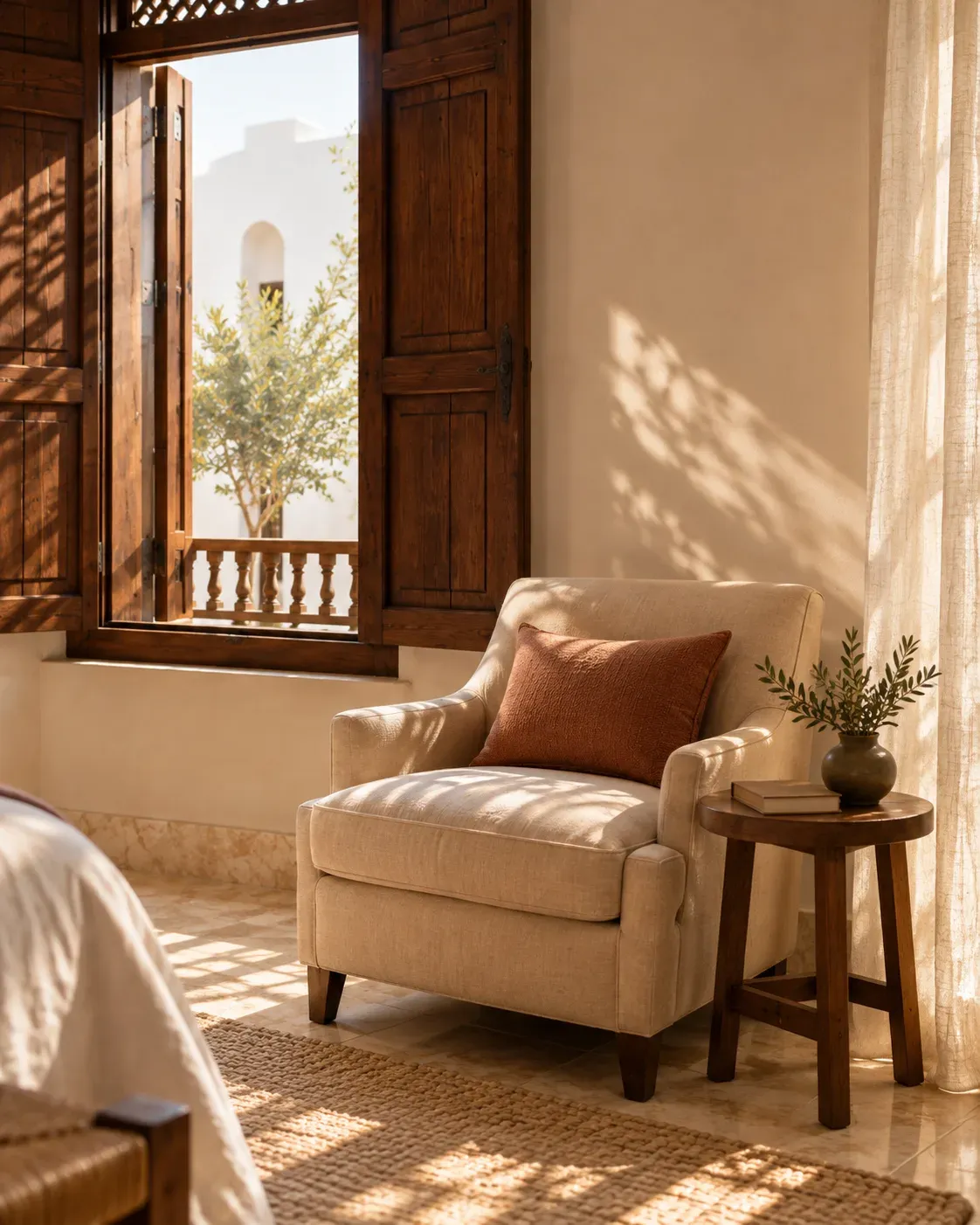 Reading chair beside the timber shutters in Light Room