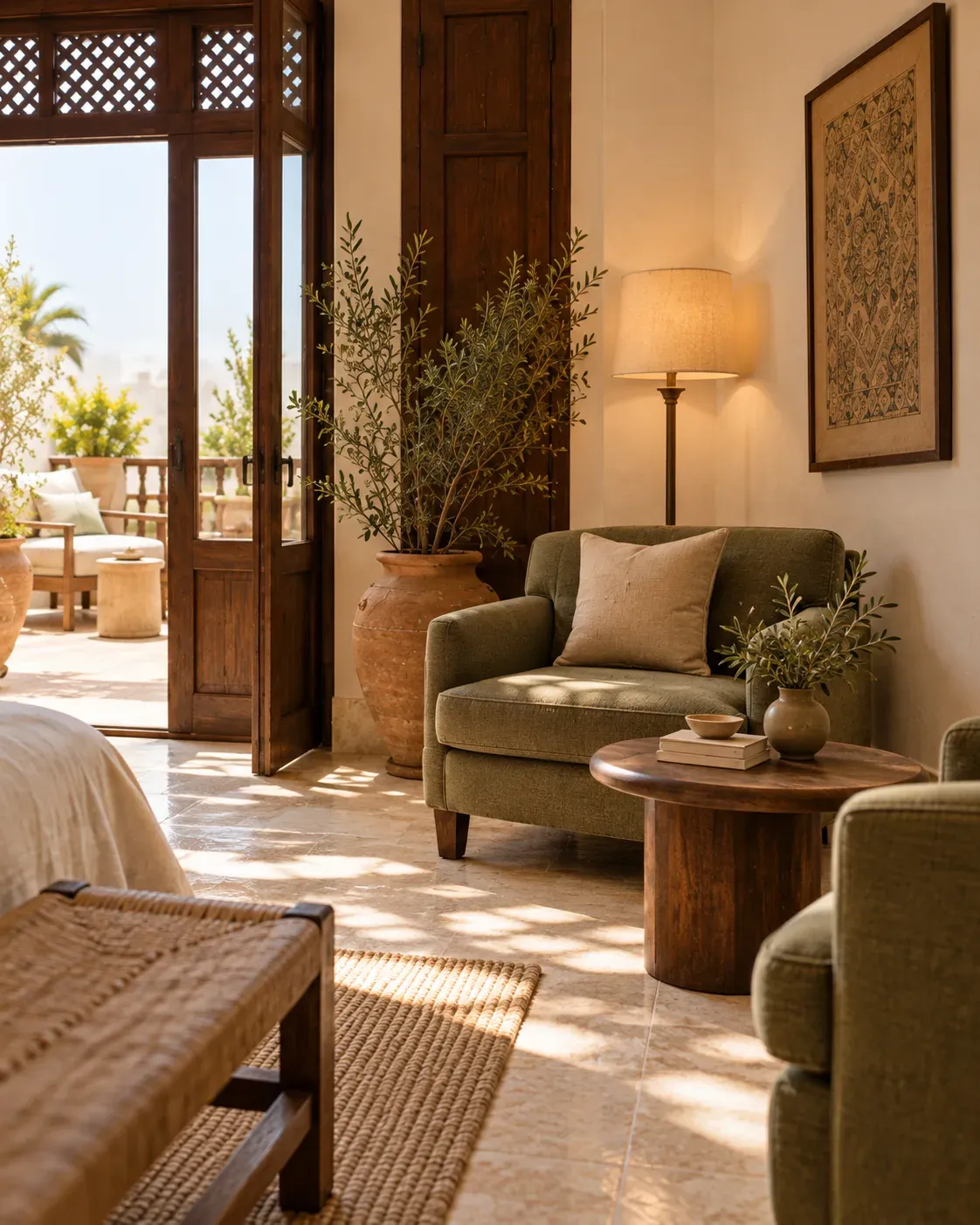 Olive seating and timber table in Terrace Suite