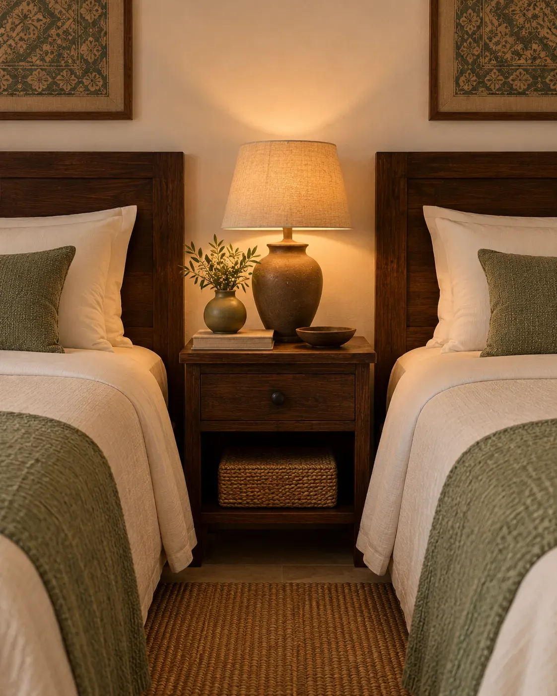 Bedside table between two timber headboards