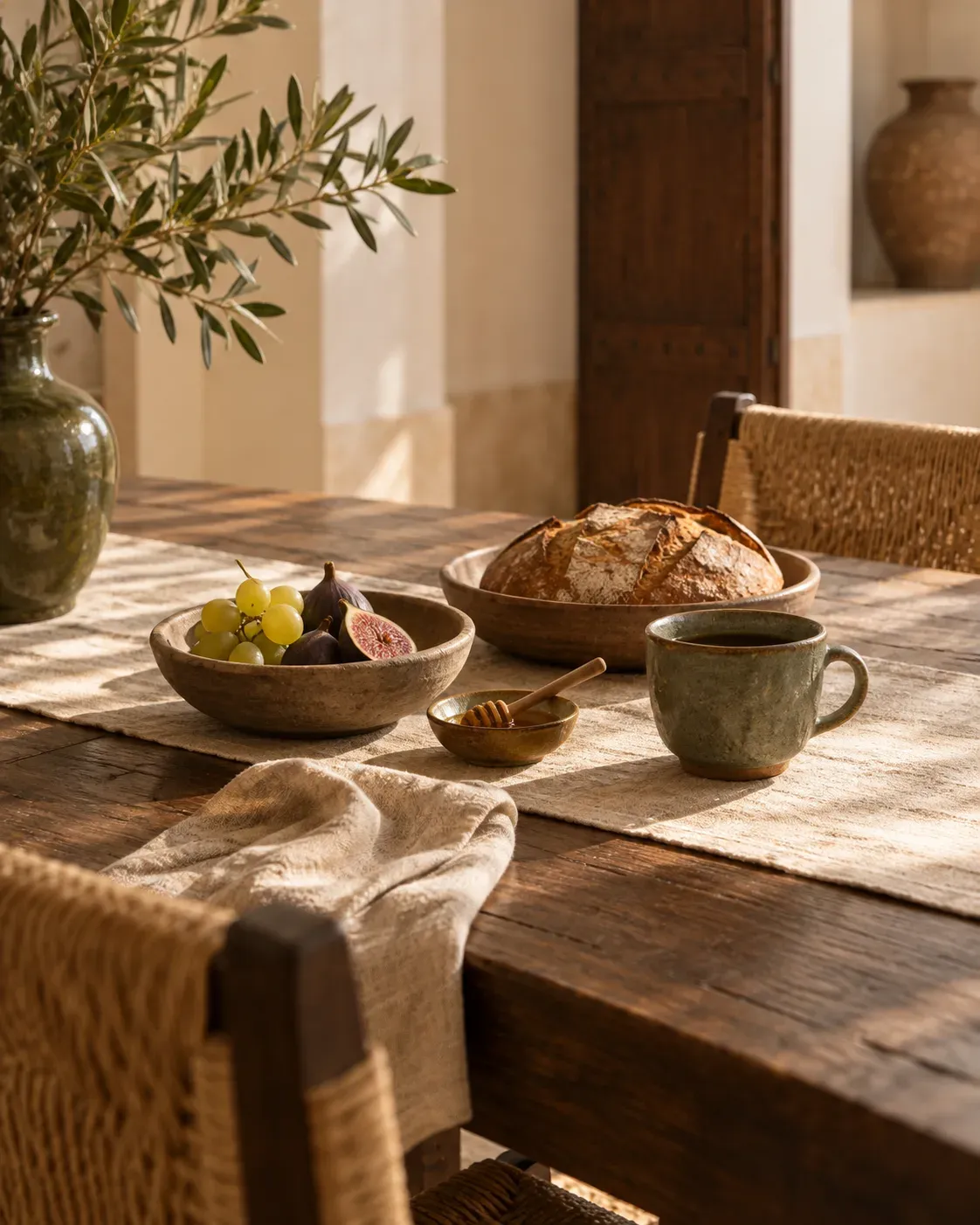 Ceramics, bread and fruit on the breakfast table