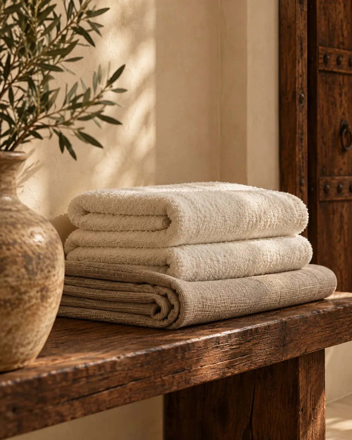 Folded linen and towels on a timber bench